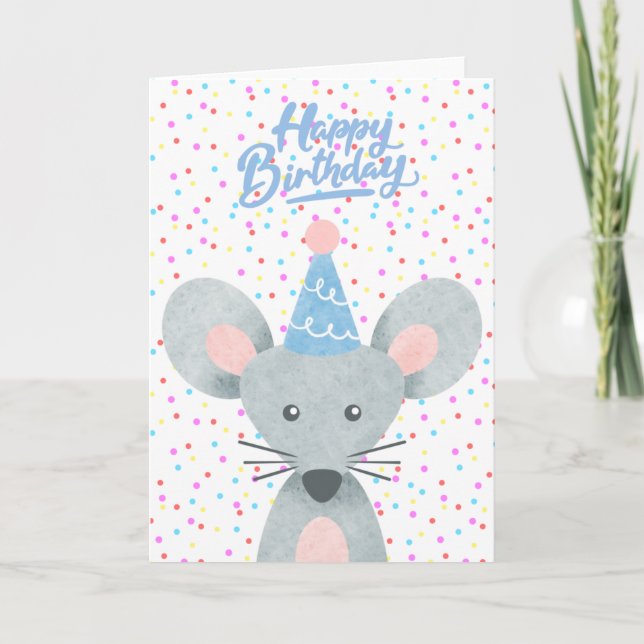 Carte Bonne fête d'anniversaire Souris Casquette Confett (Devant)
