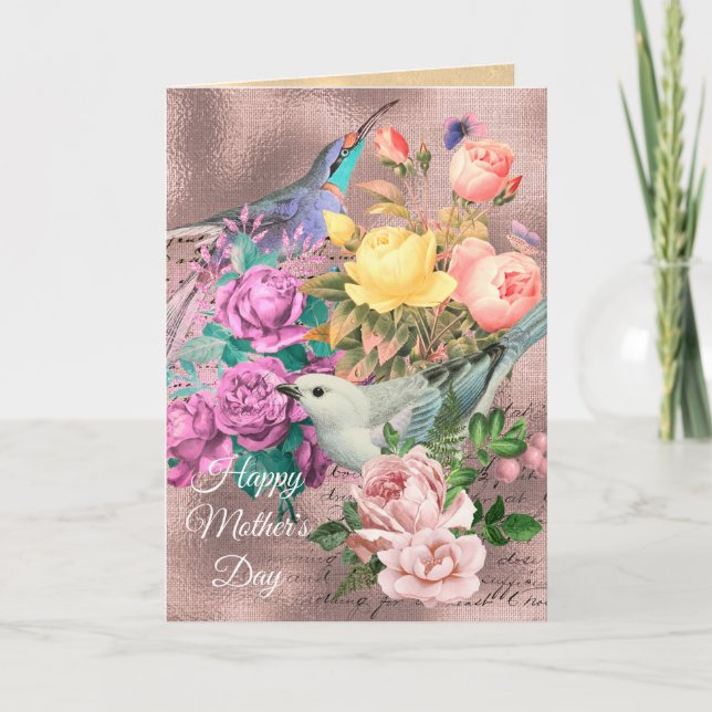 Carte Bonne fête des mères Chanson Oiseaux, Roses et pap (Devant)