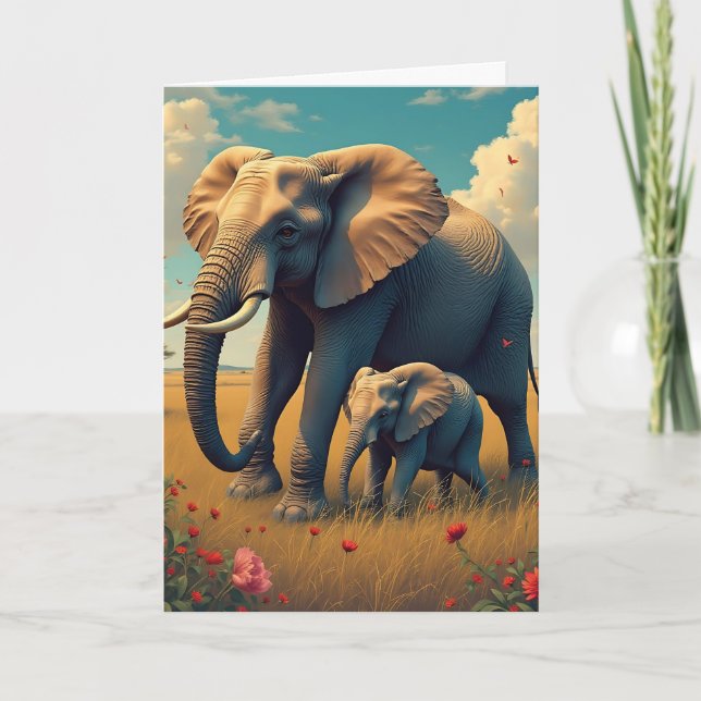 Carte Bonne fête des mères | Maman et bébé éléphant (Devant)