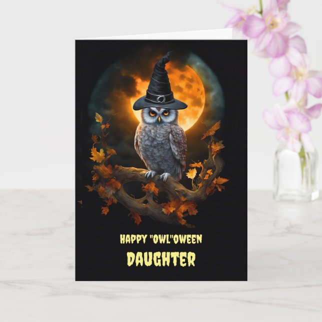 Carte Bonne fête d'Halloween avec la chouette au feuilla (Orchidée)