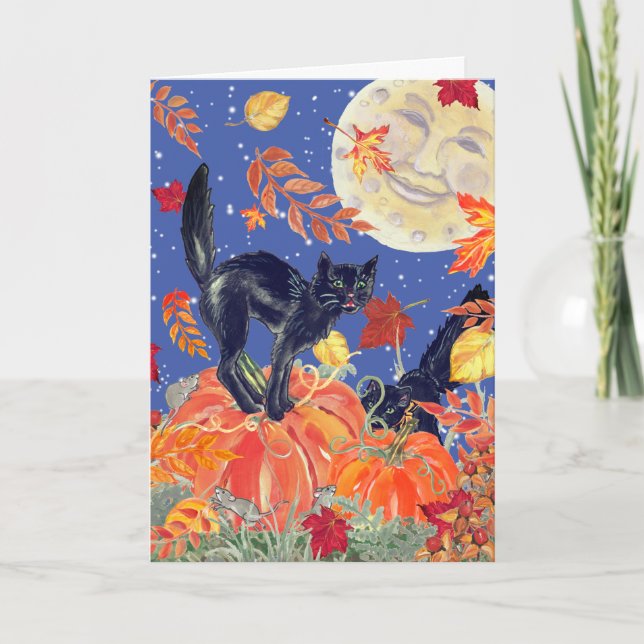 Carte Bonne Halloween Chat noir Citrouille Patch Moon (Devant)
