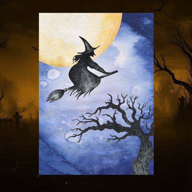 Carte Bonne Halloween Saluer Flying Witch (Happy Halloween Greetings. Fun watercolor to celebrate Halloween season.)