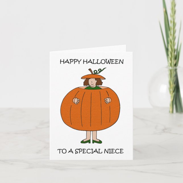 Carte Bonne nièce d'Halloween en tenue Citrouille (Devant)