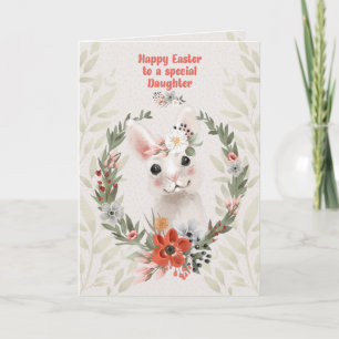 Carte Bonne Pâques à la fille lapin adorable et fleurs