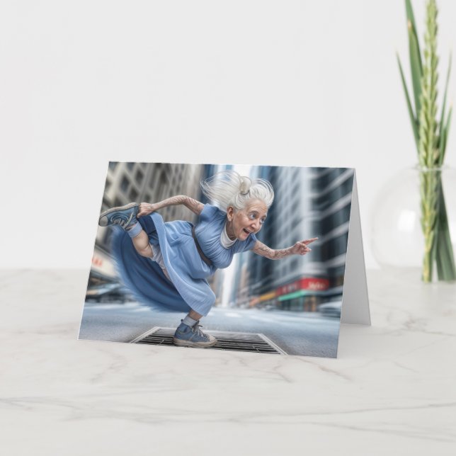 Carte Bonne Vielle Dame Dansant Sur Un Vent De Rue (Devant)