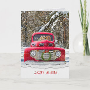 Carte Bonnes Fêtes Golden Retrivers en camion rouge