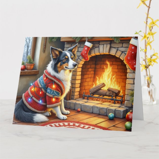 Carte Border Collie Cheminée avec Lumières de Noël (Fleur jaune)