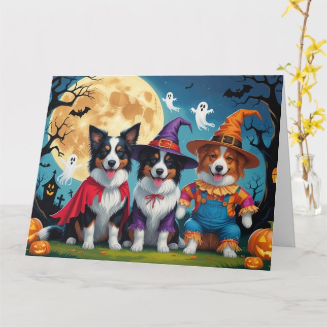 Carte Border Collies Chiens Citrouille Halloween Drôle (Fleur jaune)