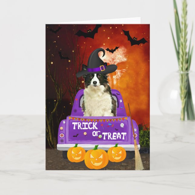 Carte Bordure Collie Chien dans le camion Halloween (Devant)