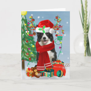 Carte Bordure Collie chien dans Neige avec cadeaux de No
