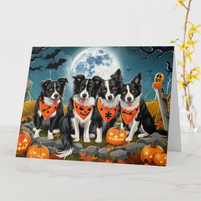 Carte Bordure Collie Halloween Éffrayant (Fleur jaune)