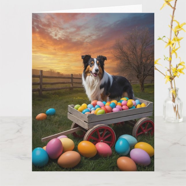 Carte Bordure Collie Oeufs de Pâques (Fleur jaune)