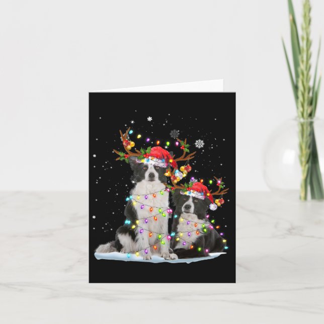 Carte Bordure Collie Reindeer Santa Hat Noël Lumières Ch (Devant)