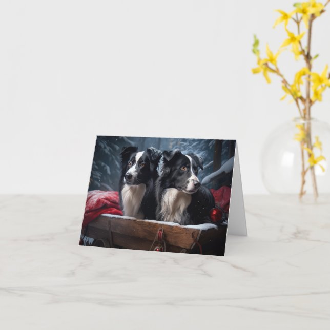 Carte Bordure Collie Snowy Sleigh Décor de Noël (Fleur jaune)