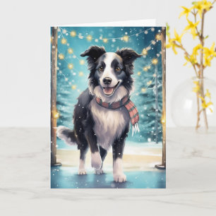 Carte Bordure Collie sur la glace avec Écharpe Festive