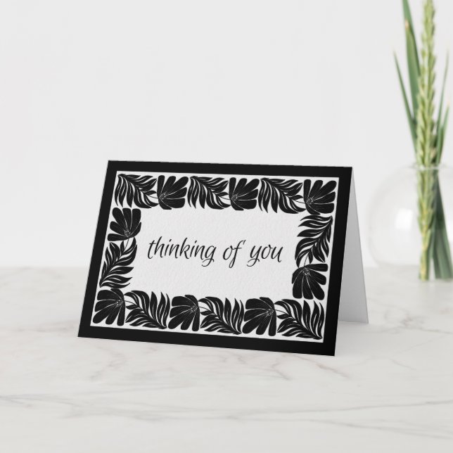 Carte Bordure Florale Pensées pour Vous, Noir & Blanc (Devant)