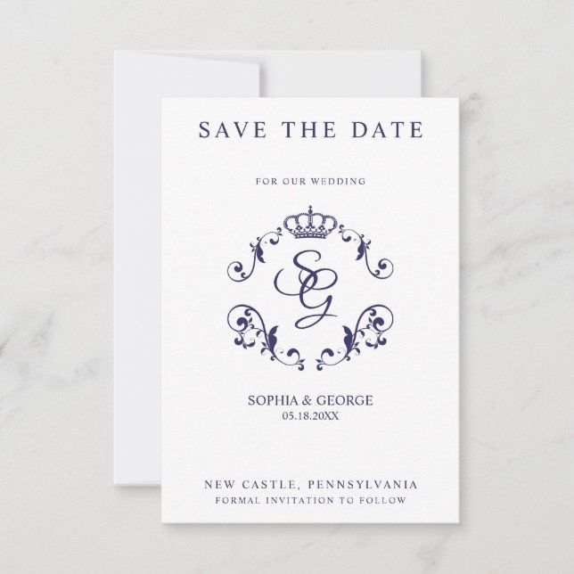 Carte Bordure ornementale bleue avec couronne et initial (Devant)