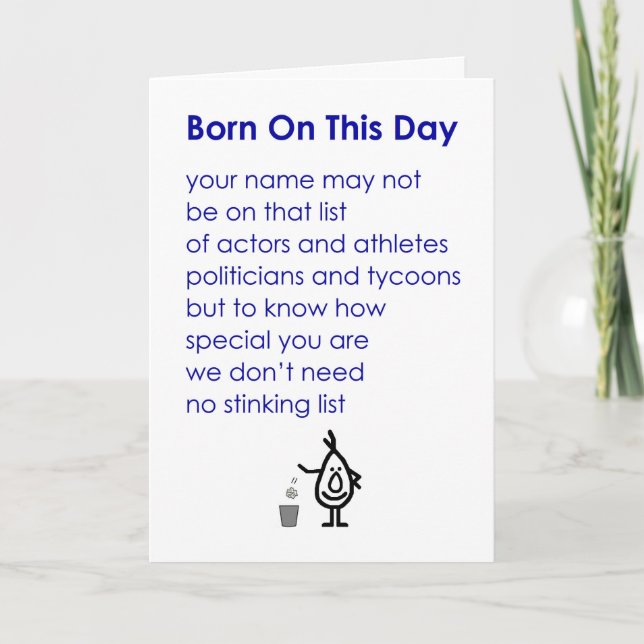 Carte Born On This Day - un poème d'anniversaire amusant (Devant)