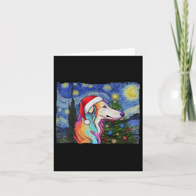 Carte Borzoi Santa Chapeau Noël Stress Night Chien Art P (Devant)
