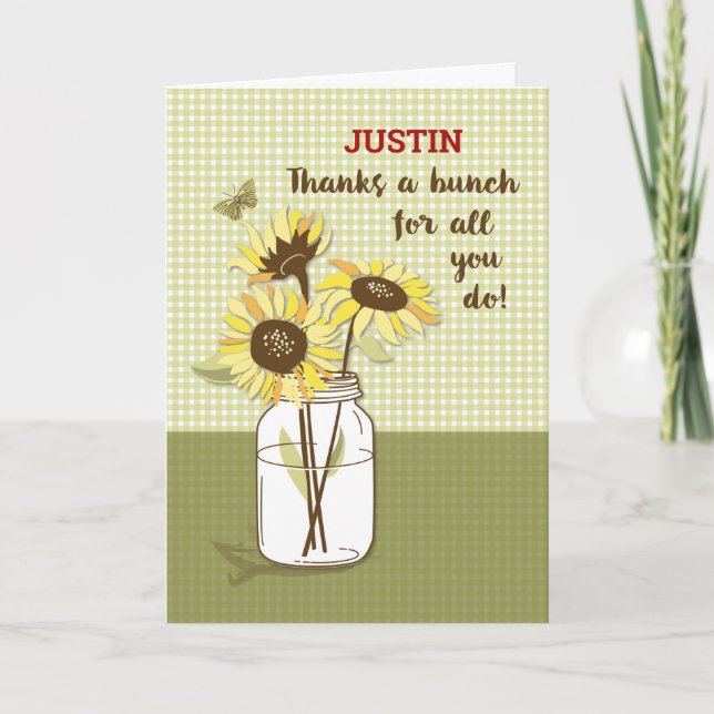 Carte Boss’s Day, Custom Name, Justin, avec Sunflower (Devant)