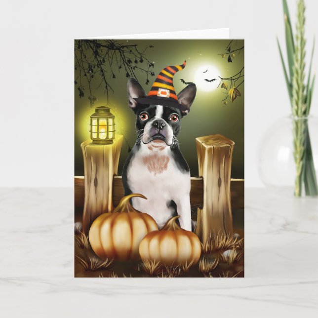 Carte Boston Terrier Chien avec sorcière Casquette Hallo (Devant)