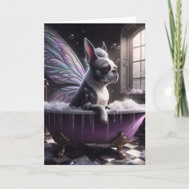 Carte Boston Terrier Fairy dans la baignoire violette (Devant)