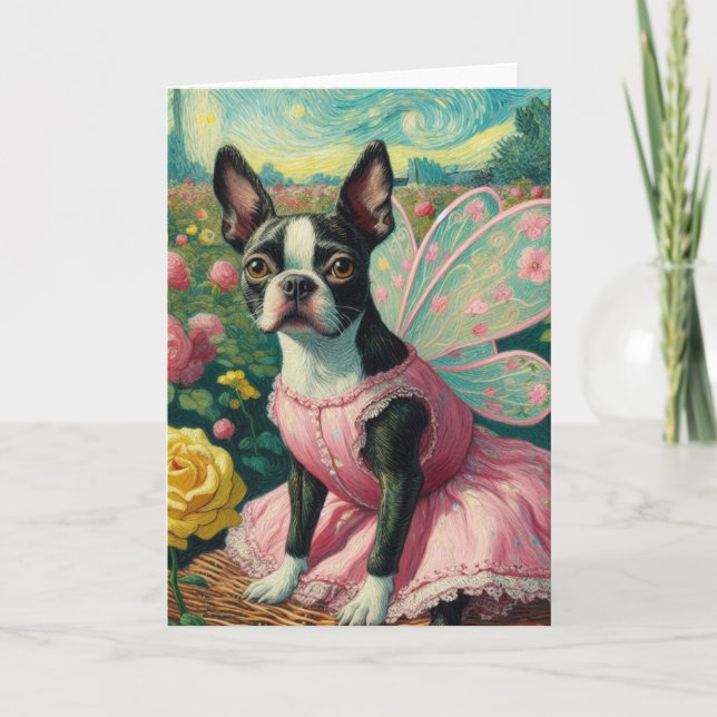 Carte Boston Terrier Fairy in the Rose Garden Van Gogh (Devant)