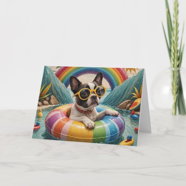 Carte Boston Terrier flottant un jour d'été (Devant)