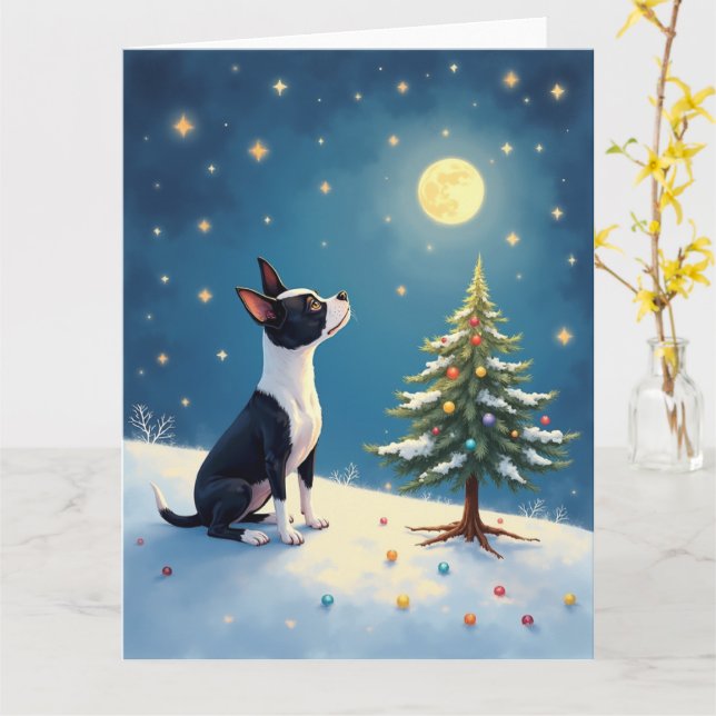 Carte Boston Terrier Midnight Star-Gazing Christmas (Fleur jaune)