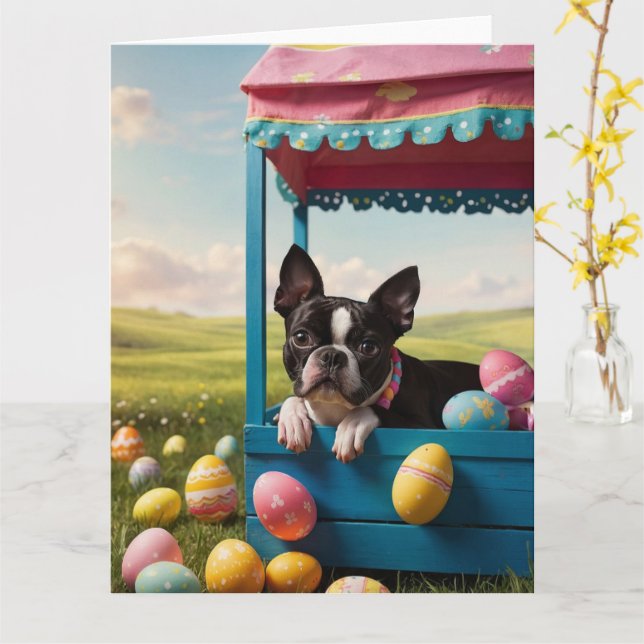 Carte Boston Terrier Pâques (Fleur jaune)