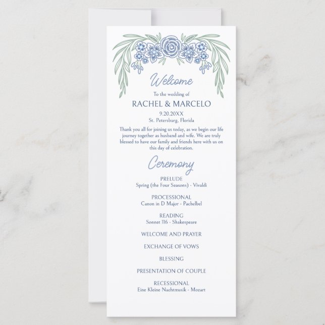 Carte Botanique Floral Dusty Blue Marine Wedding Program (Devant)