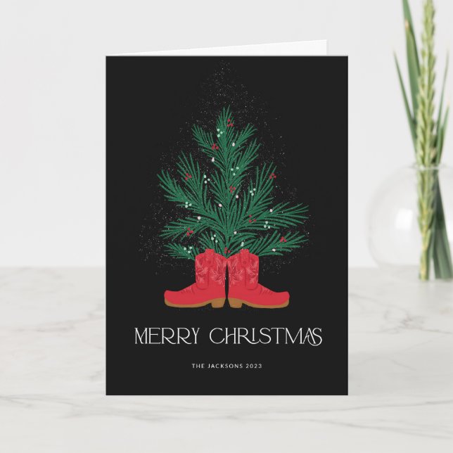 Carte Bottes de cowboy rouges et Noël d'épinette (Devant)