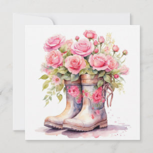 Carte Bottes de jardin aquarelle avec roses roses