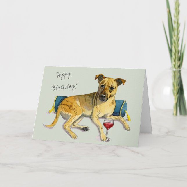Carte Bougie Brindle Chien Profitant Du Vin | Joyeux ann (Devant)