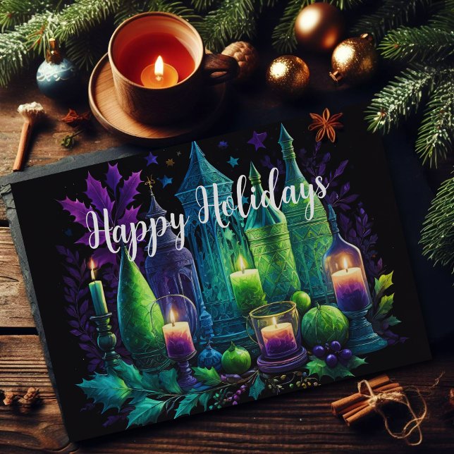 Carte Bougie de peinture aquarelle Noël violet vert (Créateur téléchargé)