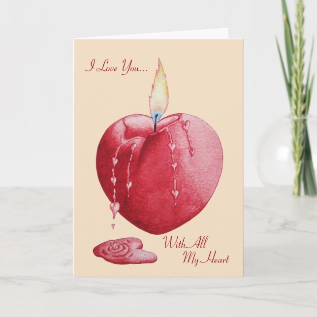 Carte bougie en forme de coeur rouge brûlant avec couple (Devant)