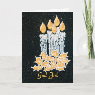 Carte Bougies de Noël et houx, salutation suédoise