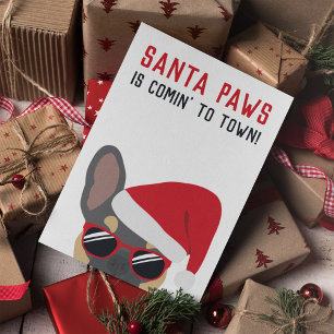 Carte Boule de Noël Santa Paws French Bulldog bleu tan
