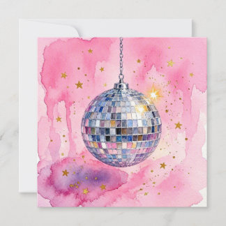Carte boule disco aquarelle rose.