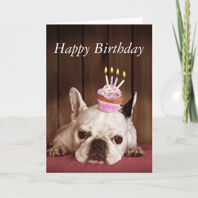 Carte Bouledogue français avec le petit gâteau (Devant)