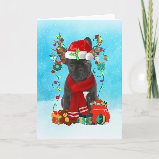 Carte Bouledogue français dans la neige avec des cadeaux (Devant)