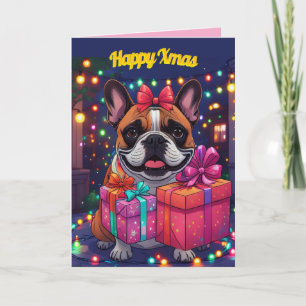 Carte Bouledogue français Guirlande lumineuse Noël