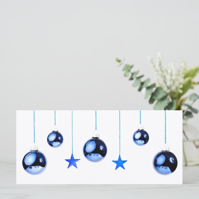Carte Boules de décoration de Noël bleu avec texte (Debout devant)