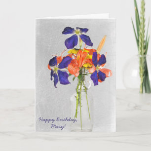 Carte bouquet à fleurs d'anniversaire en bouteille rétro