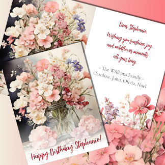 Carte Bouquet d'anniversaire rose d'été à l'aquarelle