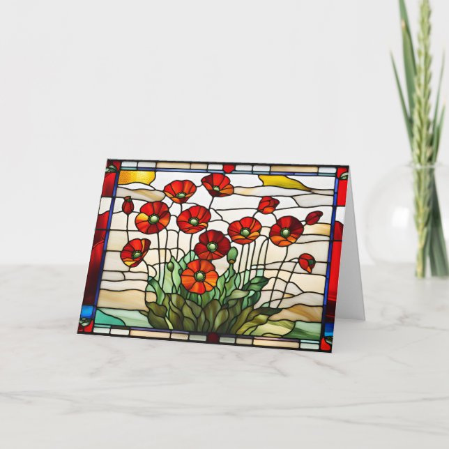 Carte Bouquet de fleurs de pavot rouge en vitrail (Devant)