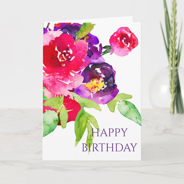 Carte Bouquet De Fleurs Roses Et Violettes Aquarelles (Devant)