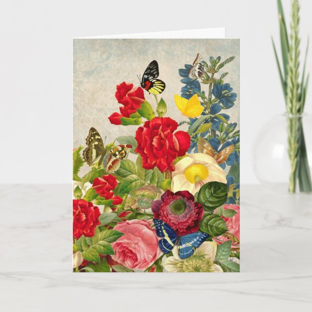 Carte Bouquet de fleurs vintages aux papillons (Devant)