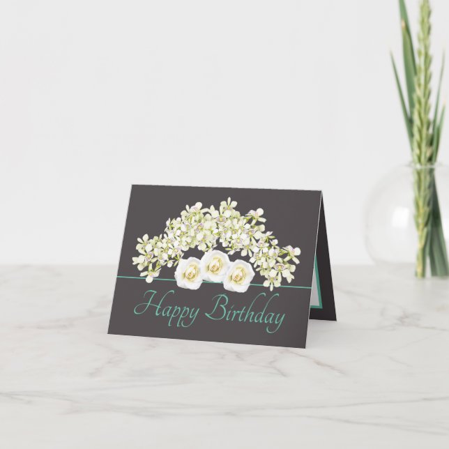 Carte Bouquet de menthe grise Orchidées Roses Joyeux ann (Devant)