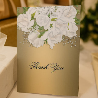 Carte Bouquet de Rose blanche, Merci Mariage or
